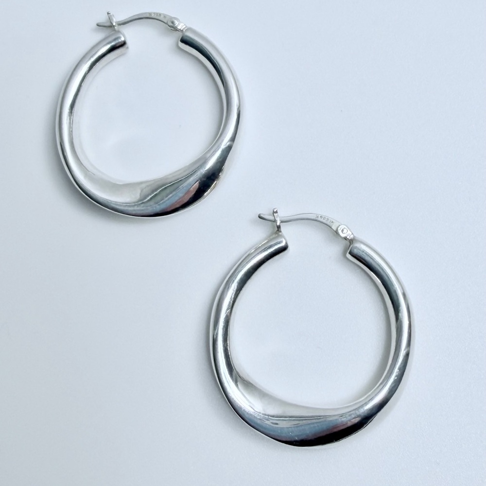 Vintage Sterling Silver Polished Medium Puffy Lopsided Hoop Earrings - Picture 9 of 16